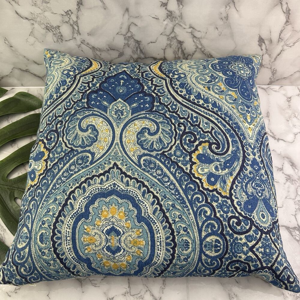 Pottery Barn Ikat Paisley Reversible Throw Pillow Blue White Down Fill Insert 18